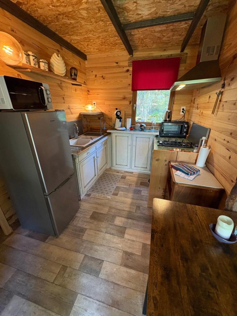 Il comprend une cuisine avec un réfrigérateur en acier inoxydable et des murs en bois. dans l'établissement Chalet Cricri Domaine de la Mamounette, à Champclause