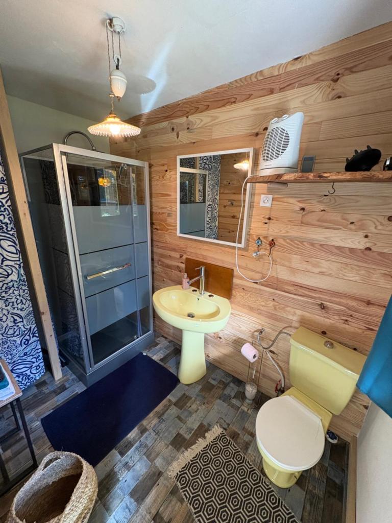 une salle de bain avec une douche, un lavabo et des toilettes dans l'établissement Chalet Hibou 1 couchage en 140 Domaine de la Mamounette, à Champclause