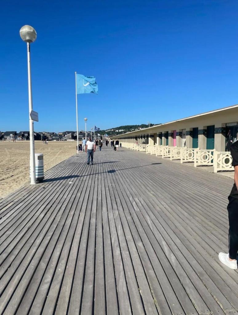 une promenade sur une plage avec un drapeau bleu dans l'établissement Voilier Port Deauville avec parking privé gratuit, à Deauville