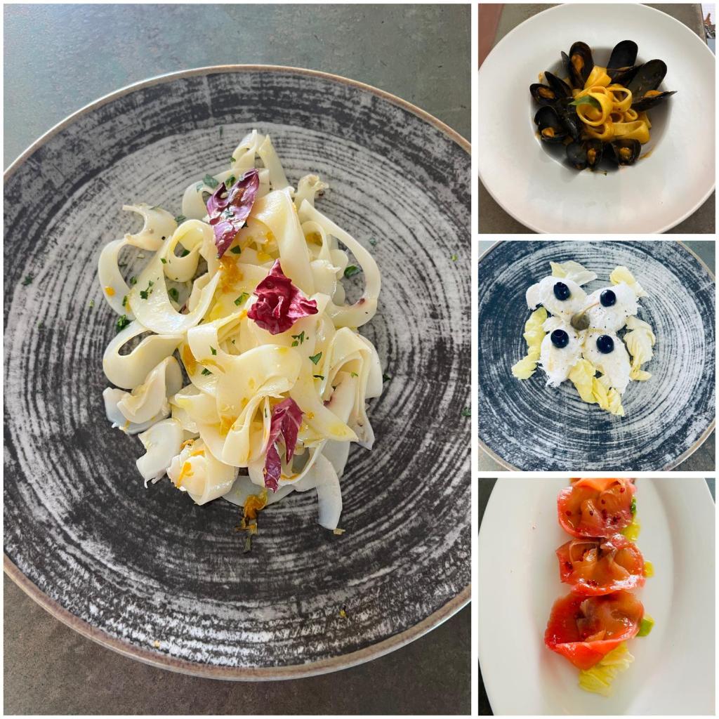 un collage de quatre images de nourriture sur une plaque dans l'établissement Hotel La Perla, à Cupra Marittima 9 autres photos