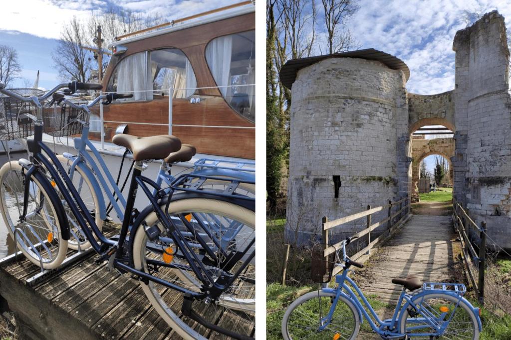 un vélo bleu garé à côté d'un bâtiment avec une arche dans l'établissement SEALOV Hébergements insolites- linge, ménage et vélos inclus, à Eaucourt-sur-Somme