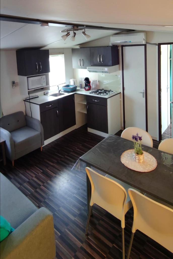 une cuisine et un salon avec une table et des chaises dans l'établissement Mobil home Camping Les Embruns 4 étoiles, à Lège-Cap-Ferret