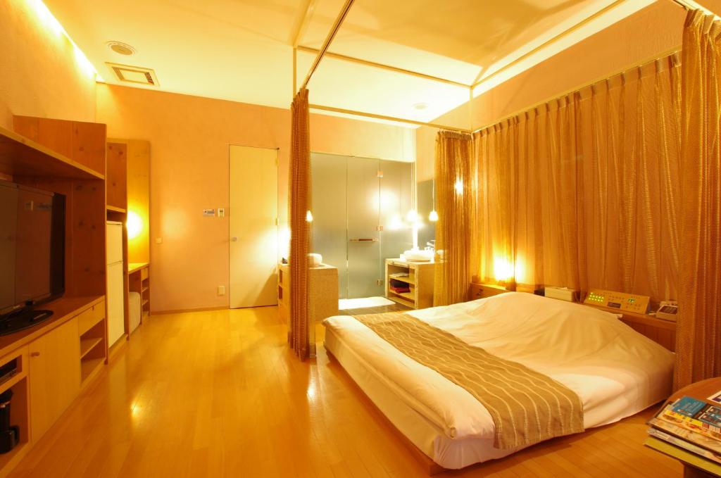 une chambre avec un grand lit et une télévision dans l'établissement Blue Hotel NAGI-Adult Only, à Otaru