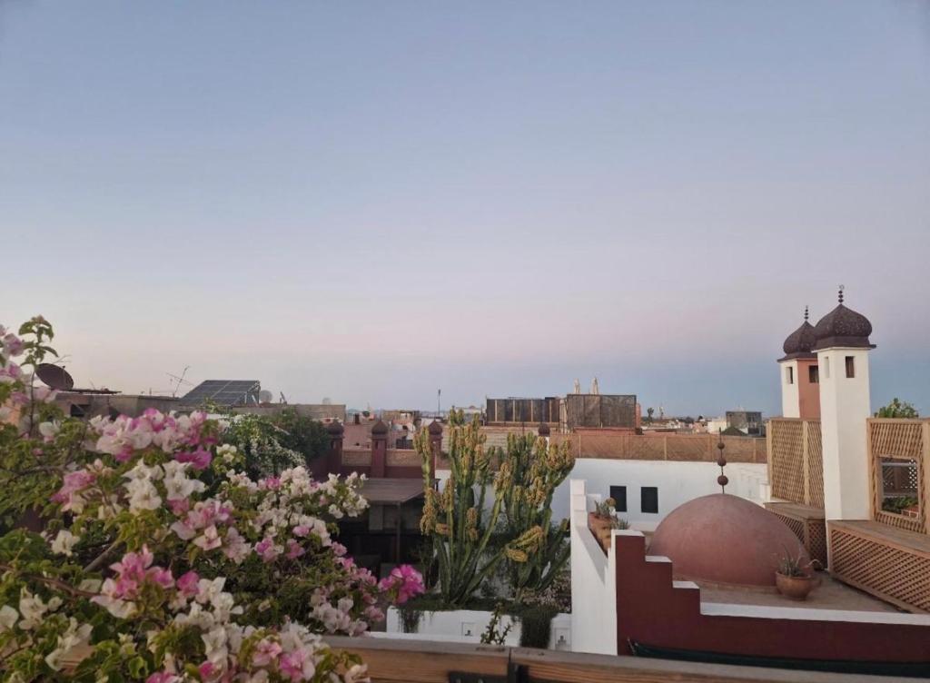 - une vue depuis le toit d'un immeuble fleuri dans l'établissement Riad Maison Aicha, à Marrakech
