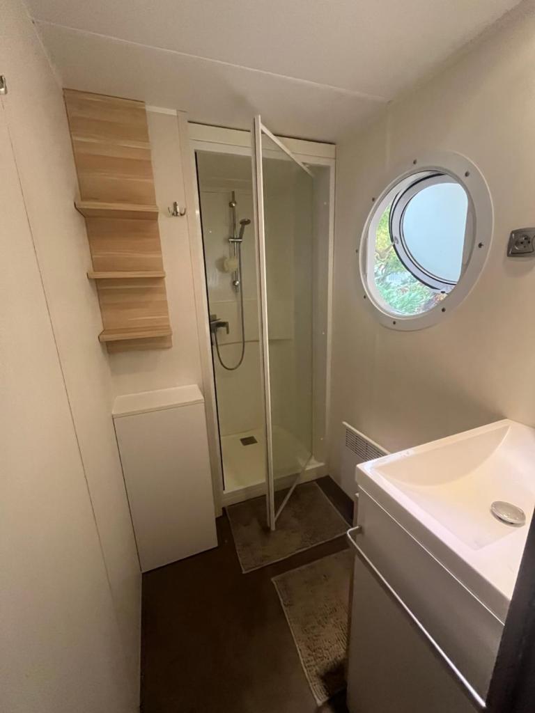 une salle de bain avec une douche, un lavabo et un miroir dans l'établissement Mobil home, à Sainte-Croix-de-Verdon