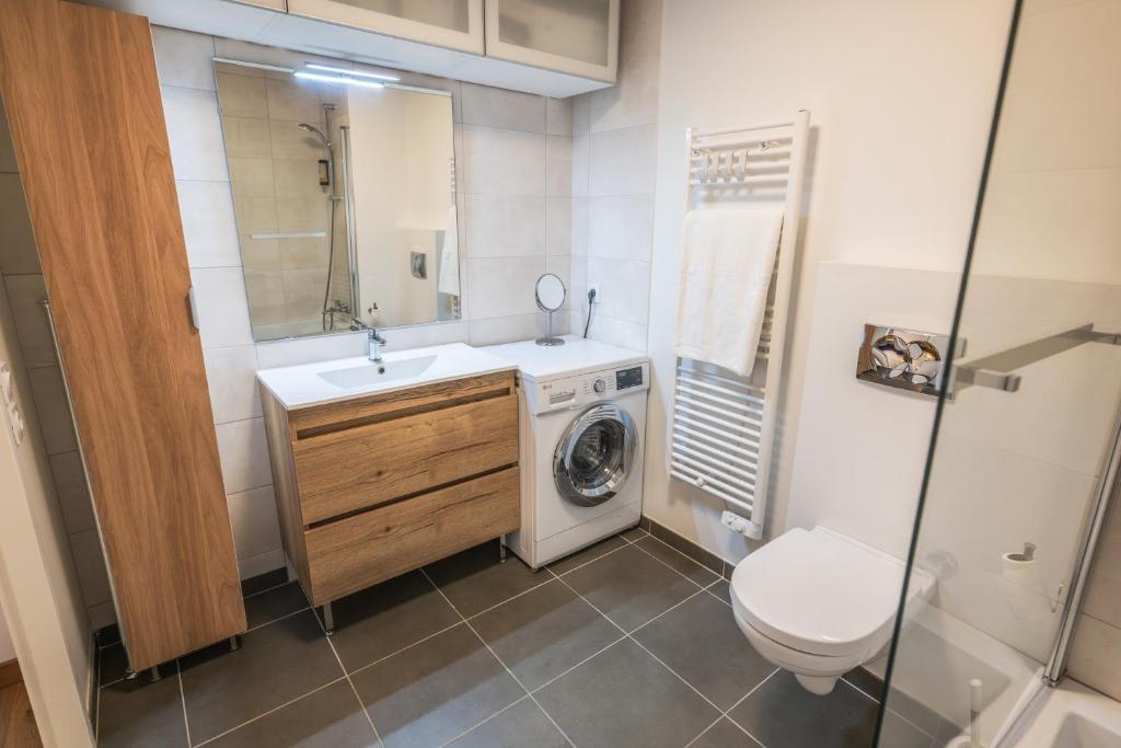 une salle de bain avec une machine à laver et un lave-linge dans l'établissement Le chalet des étoiles, à La Mongie