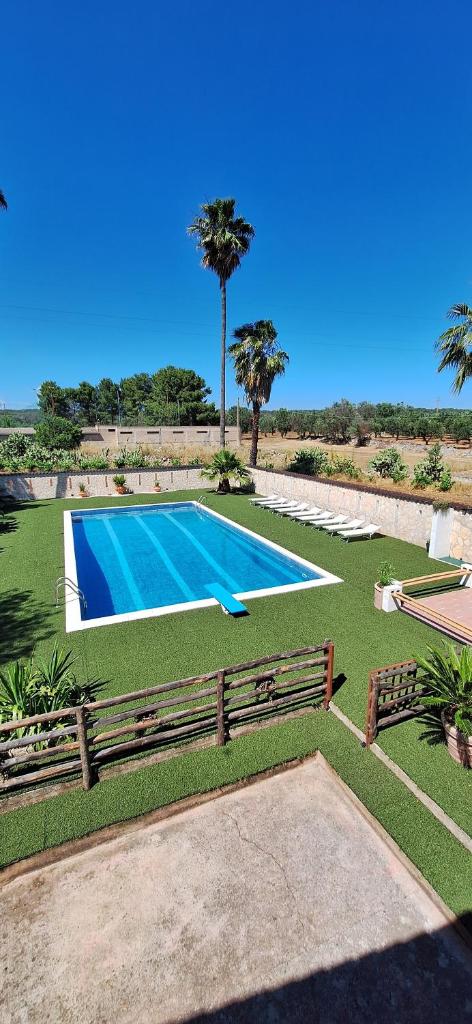 - une piscine avec un banc en bois et des palmiers dans l'établissement Villa Dany with pool, à Villa Castelli