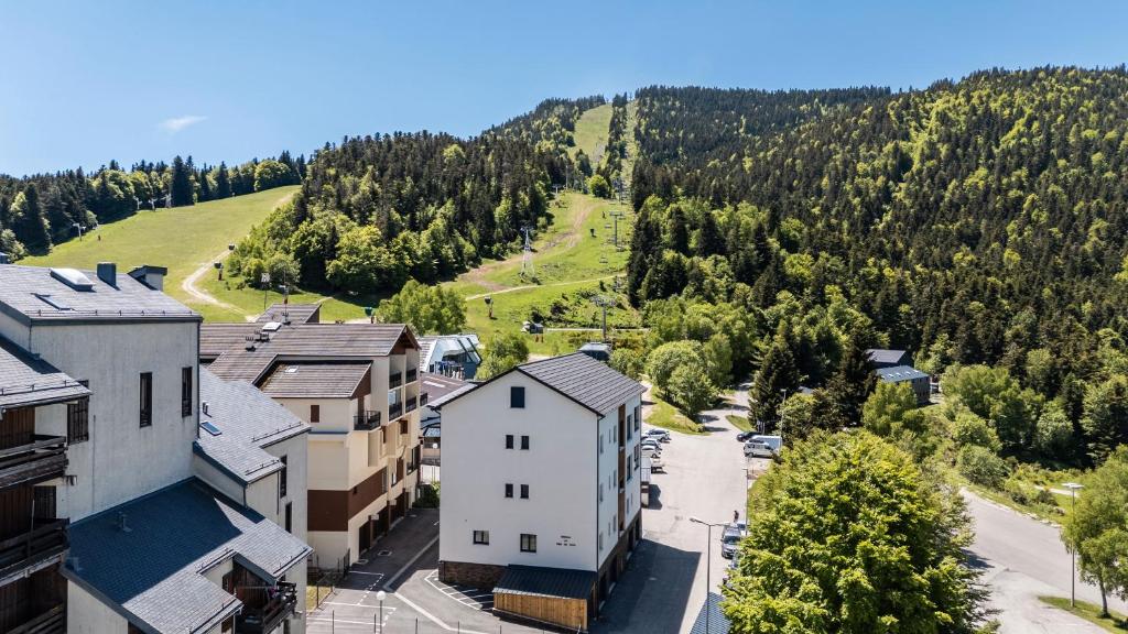 - une vue aérienne sur une petite ville avec une montagne dans l'établissement Aux pieds des pistes - Appt A, à Ax-les-Thermes