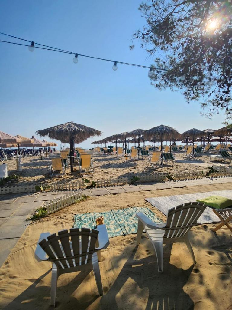 - deux chaises longues et des parasols sur une plage de sable dans l'établissement Hotel Petit, à Silvi Marina