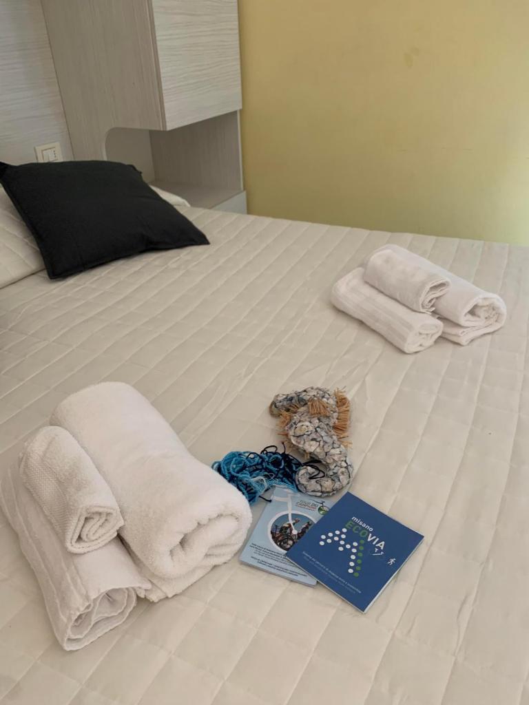 une chambre d'hôtel avec des serviettes et un livre sur un lit dans l'établissement Hotel Mercedes, à Misano Adriatico