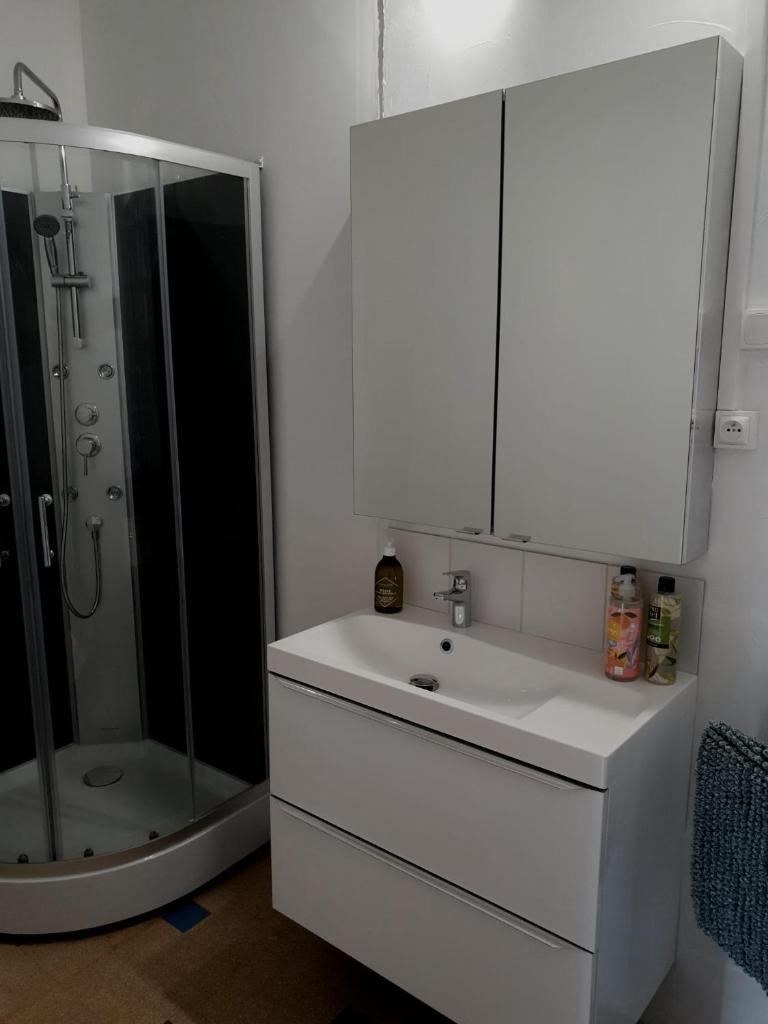 une salle de bain blanche avec un lavabo et une douche dans l'établissement Kotafinlandais, à Morsains