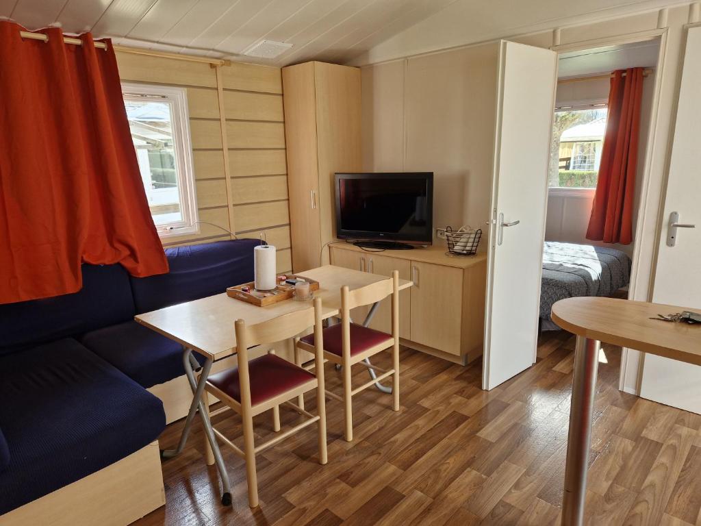 un salon avec un canapé bleu et une table dans l'établissement Camping le ried B021 et N038, à Boofzheim