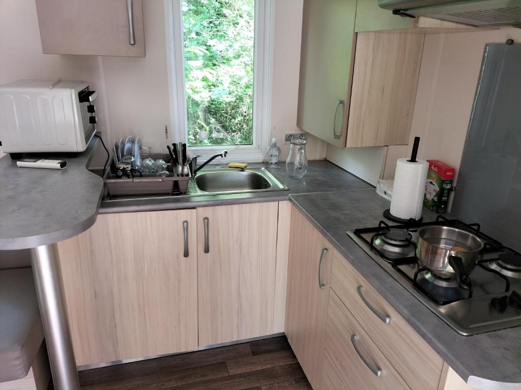 une petite cuisine avec un évier et une cuisinière dans l'établissement Magnifique mobil-home ensoleillé 6 couchages à une heure de Paris, à Saint-Chéron 26 autres photos