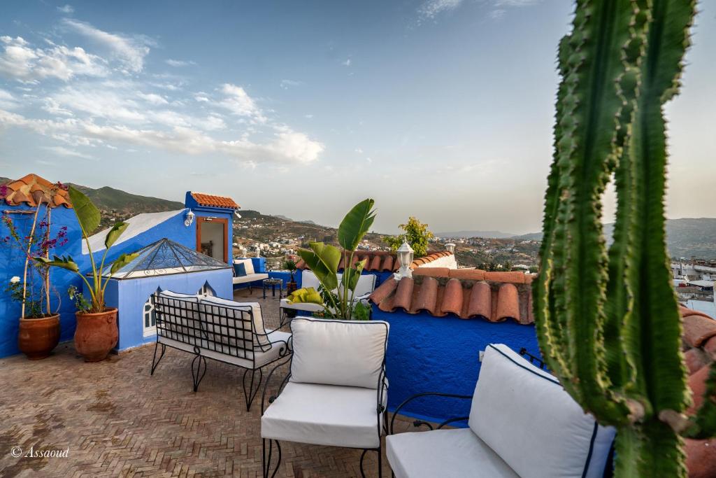 un patio avec des chaises et un cactus sur le toit dans l'établissement Dar Bleumain, à Chefchaouen