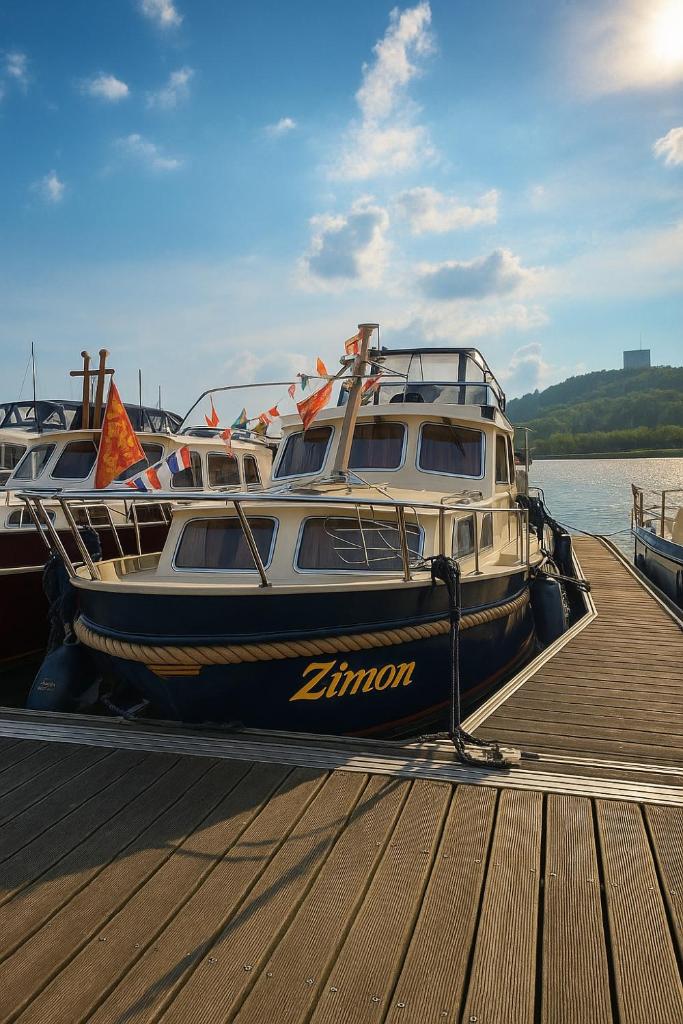 deux bateaux sont amarrés à un quai sur l'eau dans l'établissement Bateau le Zimon - logement insolite, à Rouen