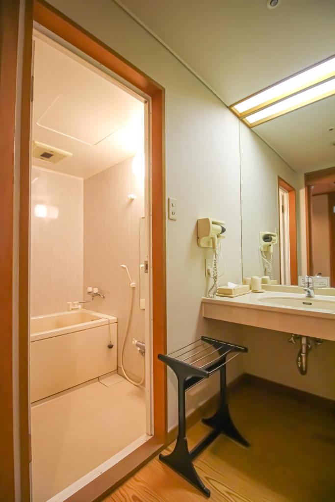 une salle de bain avec une douche, un lavabo et un miroir dans l'établissement Tagawa Ryusenkaku, à Nomi