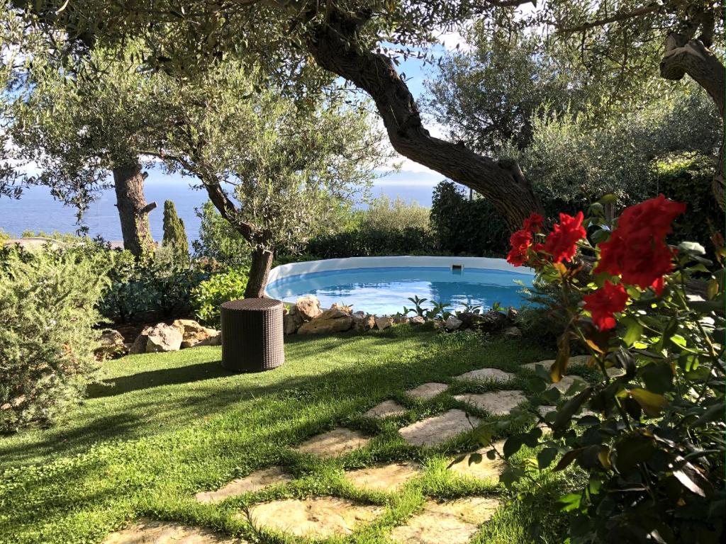 un jardin avec une piscine et quelques fleurs dans l'établissement Luxury Villa Zaffiro - Pool, Garden and Sea View, à Anacapri 27 autres photos