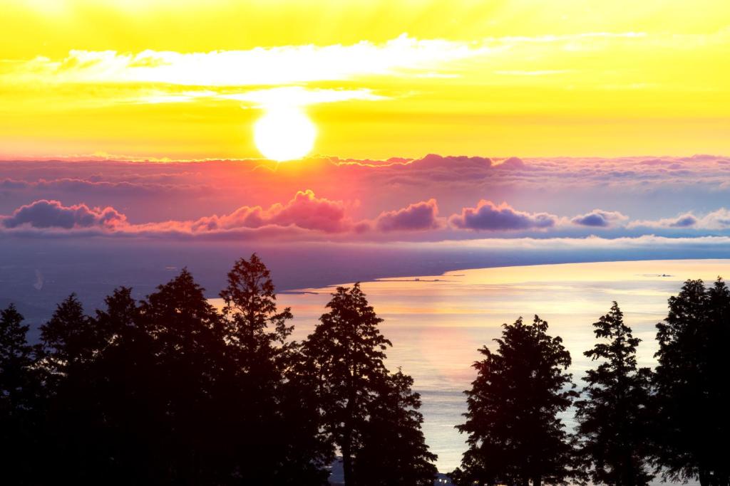 un coucher de soleil au-dessus des nuages avec des arbres au premier plan dans l'établissement Hakone Yunohana Prince Hotel, à Hakone
