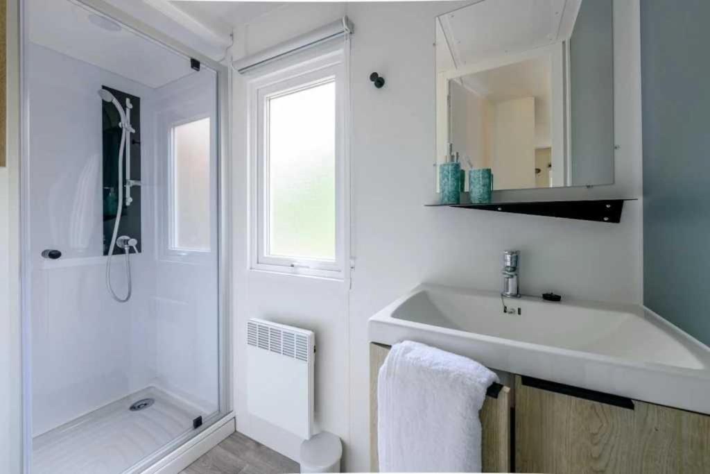 une salle de bain blanche avec un lavabo et un miroir dans l'établissement Camping 4 étoiles - Piscine - eebifg, à Parentis-en-Born