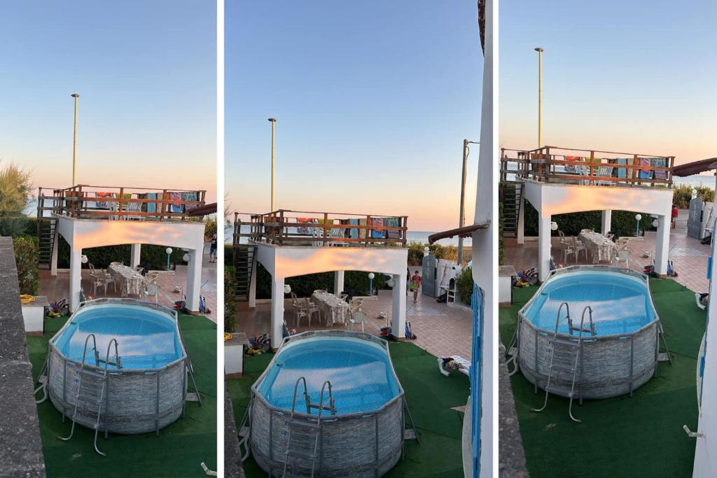 deux images d'un bateau de croisière avec un belvédère dans l'établissement Villa Azzurra con piscina e con vista mare fronte Spiaggia Specchiarica di San Pietro in Bevagna, à Torre Colimena