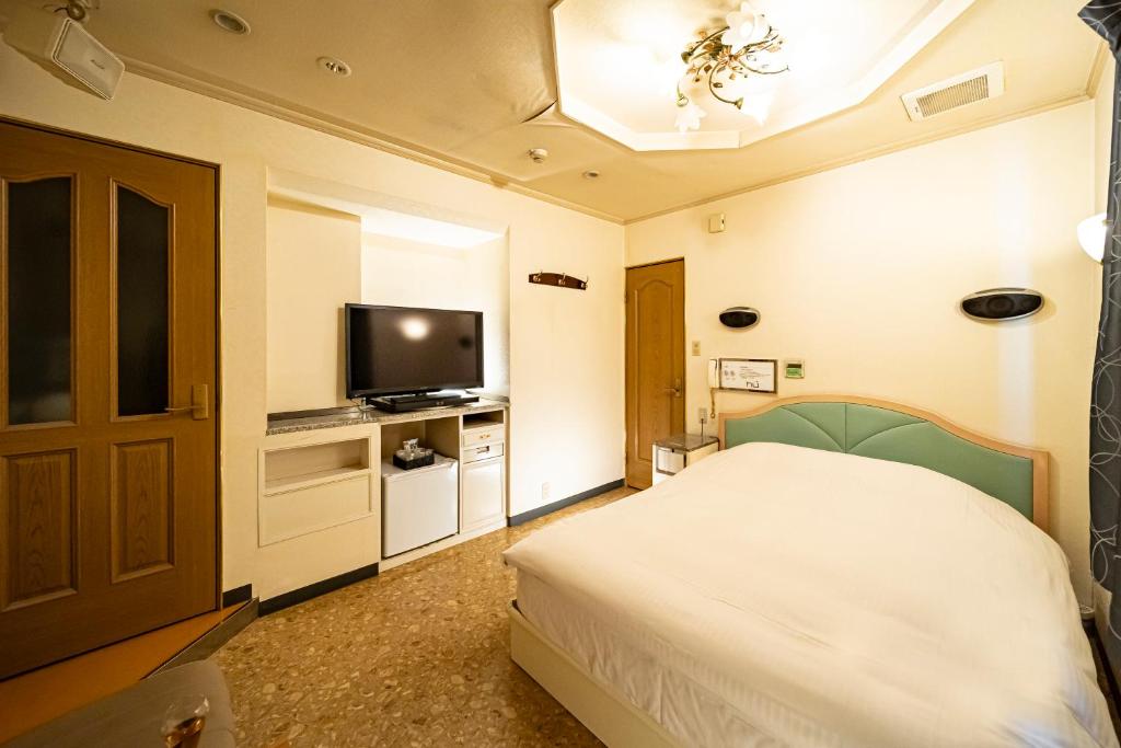 une chambre avec un lit et une télévision à écran plat dans l'établissement Hotel Hu Namba (Adult Only), à Osaka