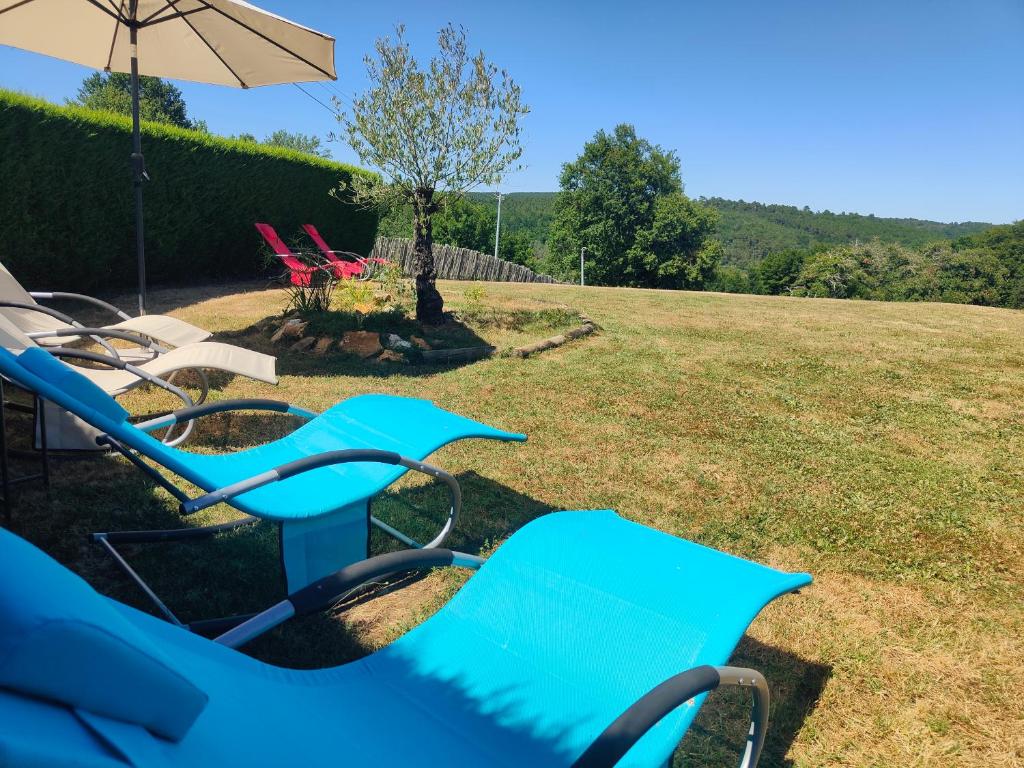 un groupe de chaises bleues et un parasol dans une cour dans l'établissement Les Gîtes de JueVince, à Issac