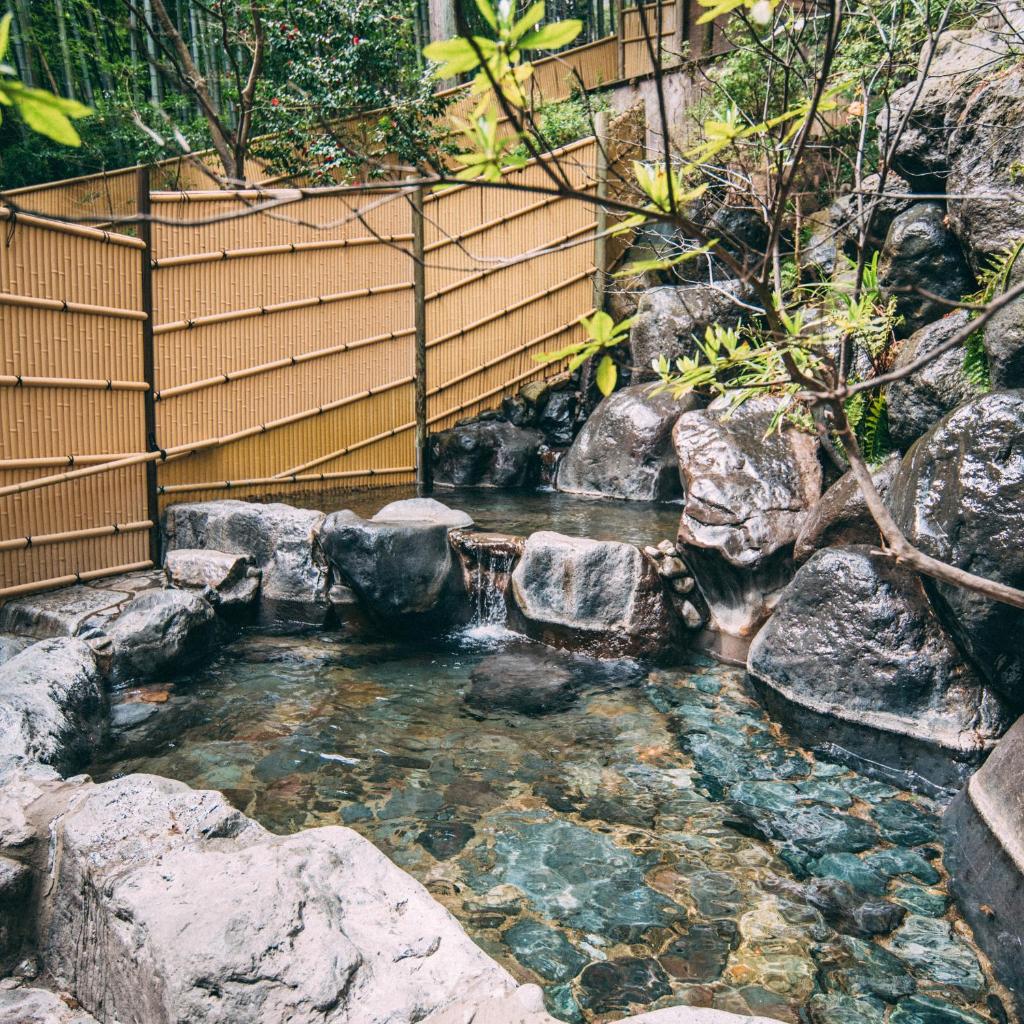 un jardin avec un étang avec des rochers et une clôture dans l'établissement Iwaiyado Jyuan Nikko Kawaji onsen, à Nikkō