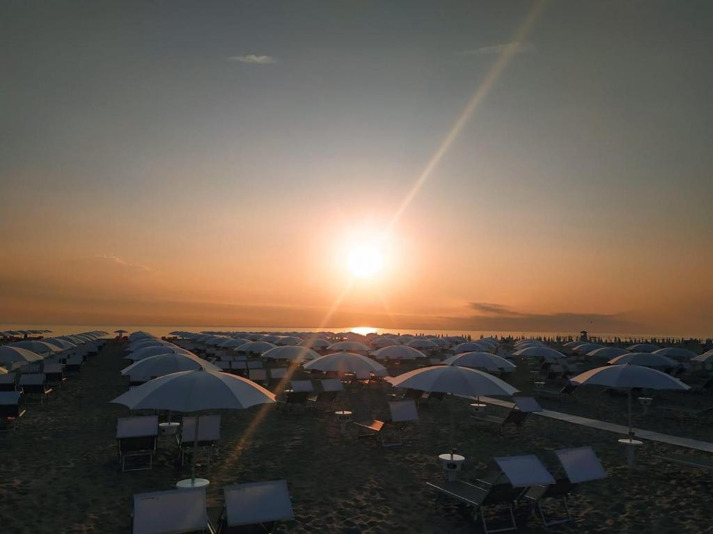 un groupe de parasols et de chaises devant le coucher du soleil dans l'établissement Hotel Blue Moon B&B, à Rimini