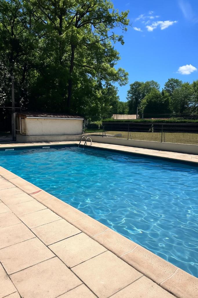 une piscine avec de l'eau bleue dans une cour dans l'établissement Le Petit Nid de Nargis, à Nargis