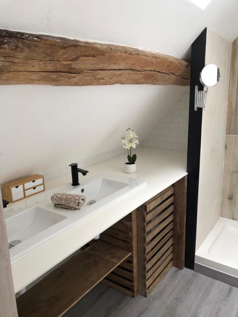 La salle de bains est pourvue d'un lavabo blanc et d'un comptoir. dans l'établissement Gîte du banc de scie, à Ceton