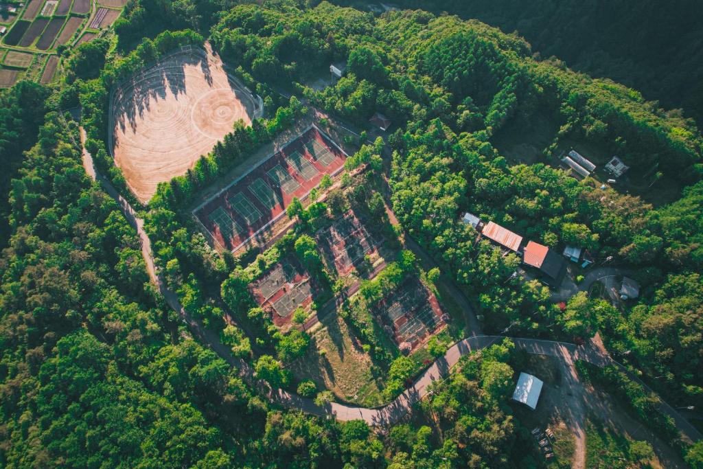 une vue aérienne d'un temple dans une forêt dans l'établissement 温泉宿山荘わたり, à Yoriaido