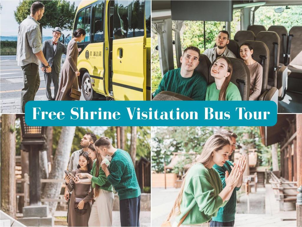 un collage de photos avec un bus dans l'établissement Kamisuwa Onsen Shinyu, à Suwa