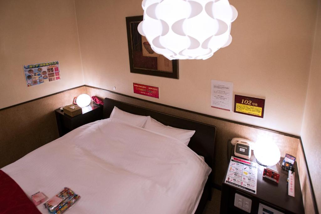 une chambre avec un lit et un lustre dans l'établissement ホテル シルフ白兎海岸, à Tottori