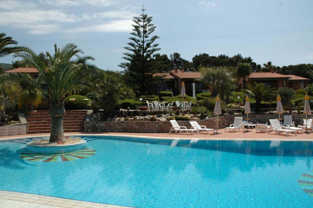 une grande piscine avec des chaises et un palmier dans l'établissement Residence Cala dei Peducelli, à Capoliveri