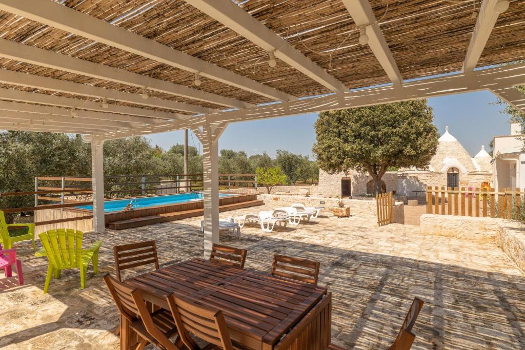 un patio avec une table et des chaises et une piscine dans l'établissement Trullo Aia Antica, à Ceglie Messapica