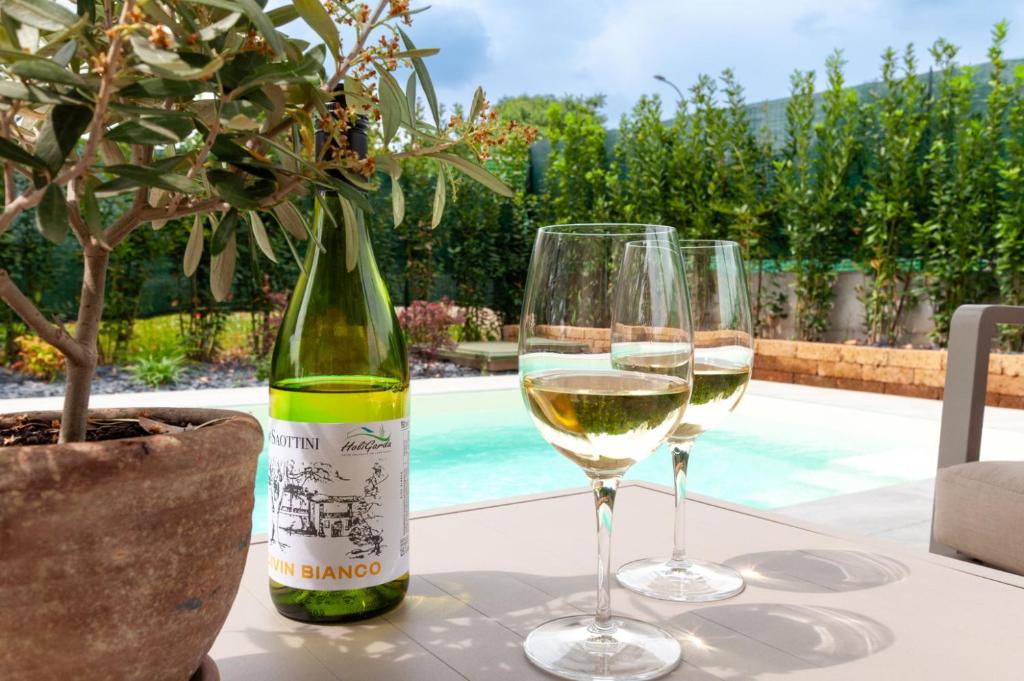 deux verres de vin blanc assis sur une table dans l'établissement Villa Melodica, à Carzago della Riviera