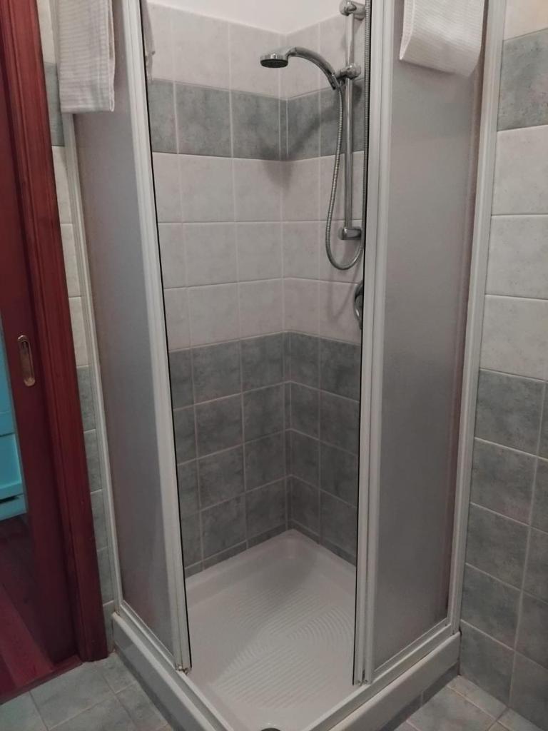 une douche avec une porte vitrée dans une salle de bain dans l'établissement Hotel Turano, à Castel di Tora