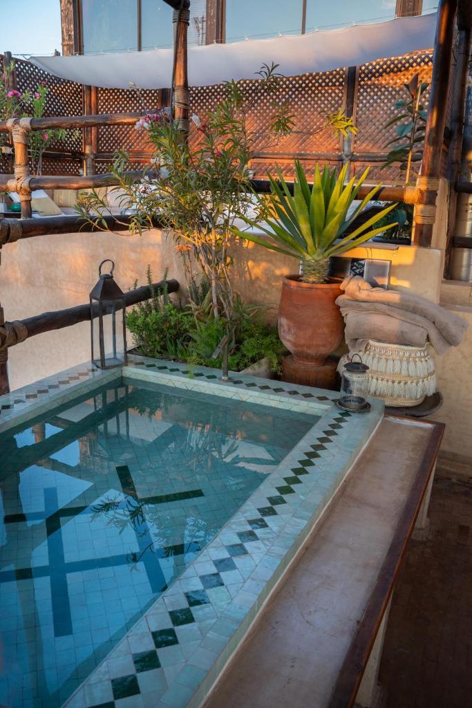 - une piscine sur une terrasse agrémentée de plantes dans l'établissement Riad Anata, à Fès