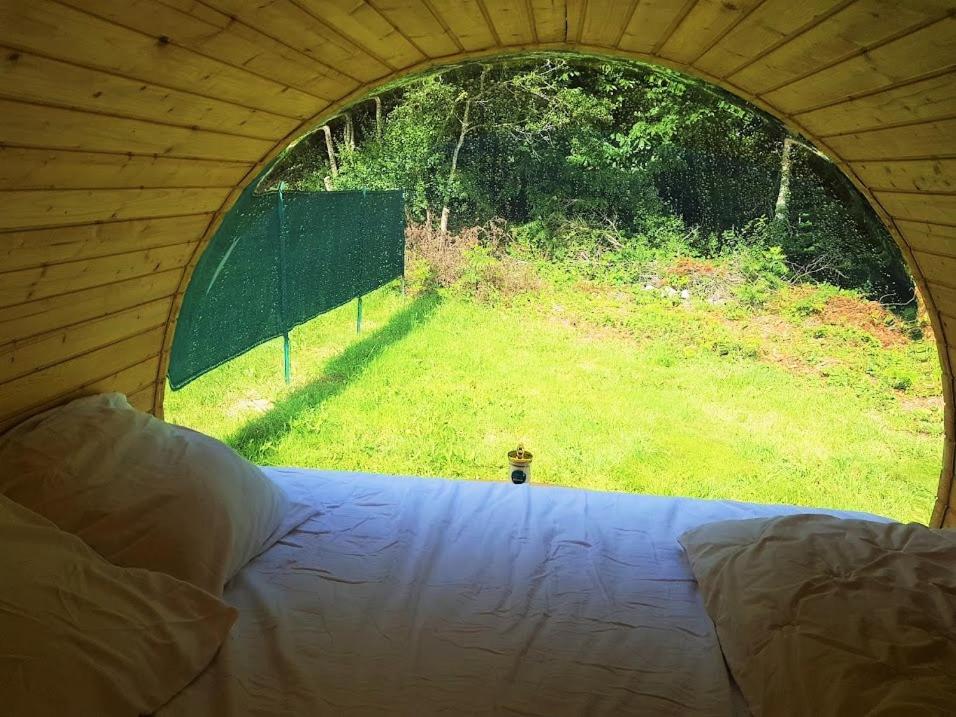 une tente avec vue sur un champ depuis une fenêtre dans l'établissement Tonneau bulle insolite, vue sur vignoble, à Pouldergat