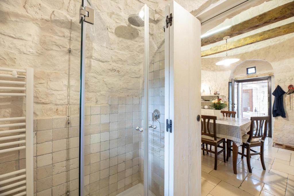 La salle de bains est pourvue d'une douche. dans l'établissement Trullo Dorato, à Alberobello