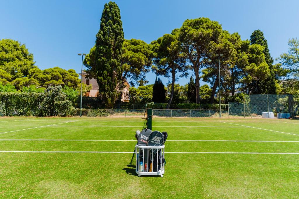un court de tennis avec un panier sur l'herbe dans l'établissement La Limonaia Luxury Villa - Lecce Selection, à Lecce
