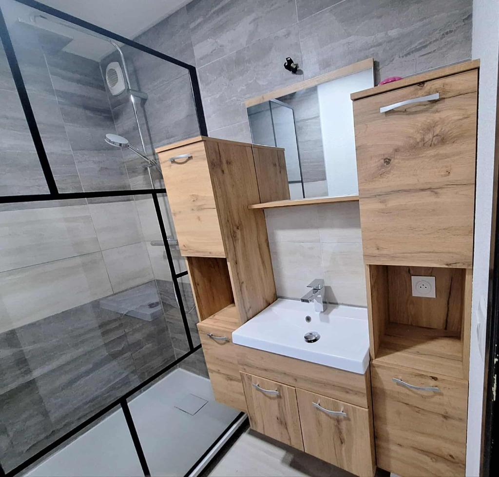 une salle de bain avec douche et lavabo dans l'établissement Saint-Sorlin D'Arves 4-6 personnes pied des pistes 310km de pistes tous niveaux, à Saint-Sorlin-dʼArves