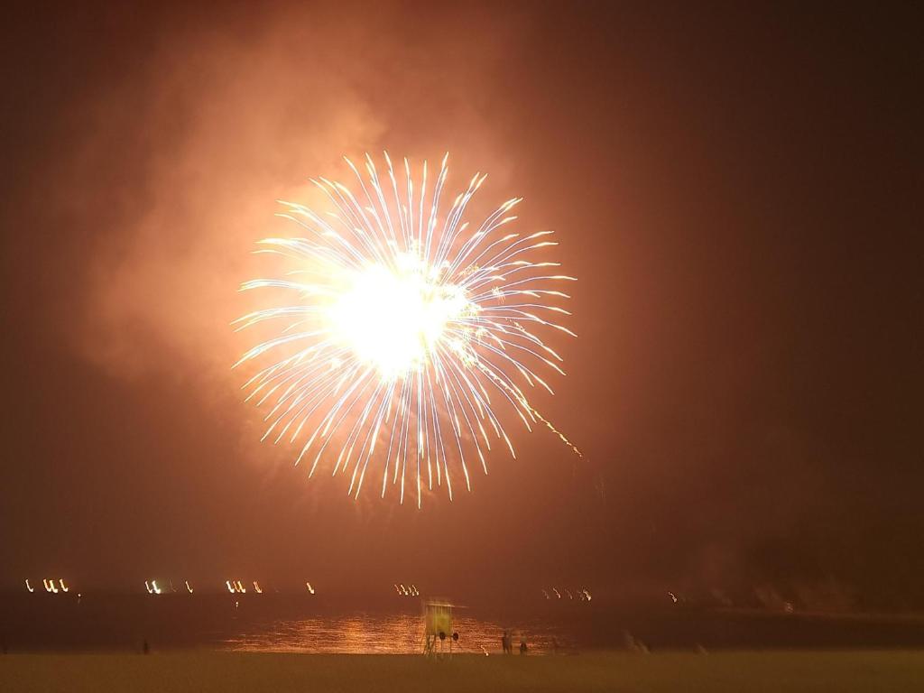 un feu d'artifice au-dessus de l'eau la nuit dans l'établissement Hotel Sanrakuso, à Shirahama