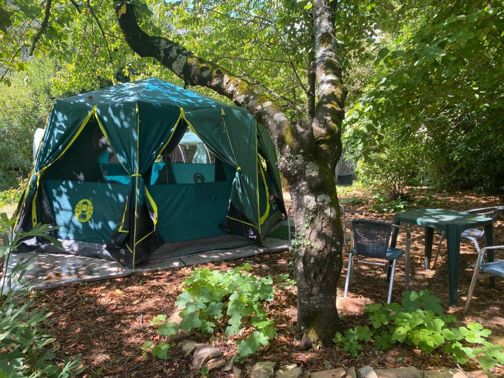 une tente avec une table et une chaise sous un arbre dans l'établissement Tente pause rando, à Roquestéron