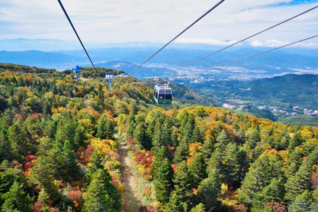 une balade en télécabine jusqu'à la montagne en automne dans l'établissement Tsukinoike, à Kaminoyama