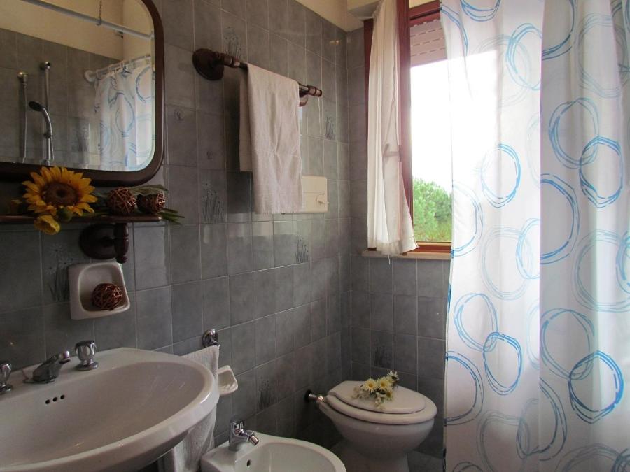 une salle de bain avec un lavabo, des toilettes et un miroir dans l'établissement Appartamenti Valbella, à Bibione