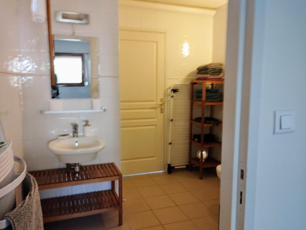 une salle de bain avec un lavabo et un miroir dans l'établissement gite dans une maison en rez-de-chaussée avec piscine, à Joyeuse