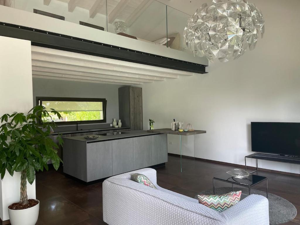 Il comprend un salon doté d'une cuisine avec un canapé et une télévision. dans l'établissement Luxury Loft Ai 2 lecci Relaxing oasis with pool, à Cadoneghe