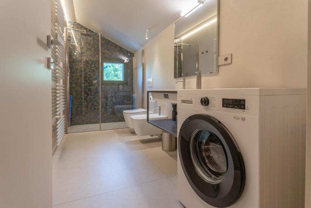 une salle de bain avec une machine à laver, un lavabo et une machine à laver dans l'établissement Terrazza Incanti, à Fiorenzuola di Focara