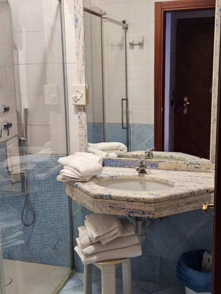 une salle de bain avec un lavabo et une douche dans l'établissement Hotel Terme Cristallo Palace & Beach, à Ischia
